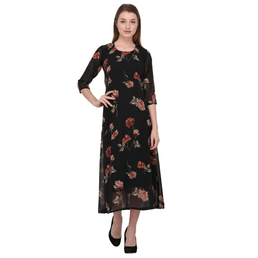 Roneclick Women's Cotton Blend Floral 3-4 Sleeve Dress (Black)