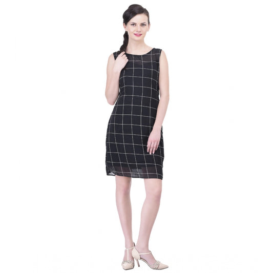 Roneclick Women's Cotton Blend Checked Sleeveless Sheath Dress (Black)