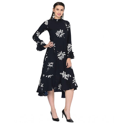 Roneclick Women's Cotton Blend Floral Full Sleeves Dress (Black)