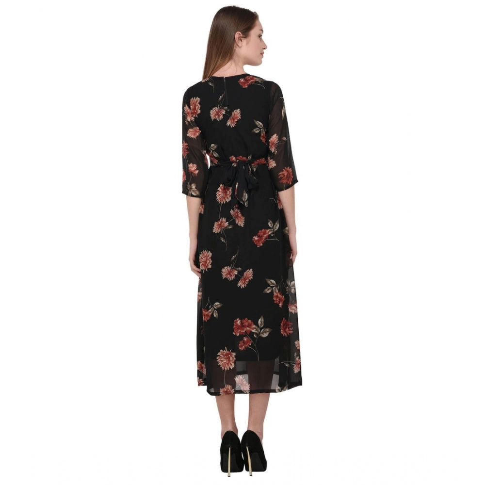 Roneclick Women's Cotton Blend Floral 3-4 Sleeve Dress (Black)