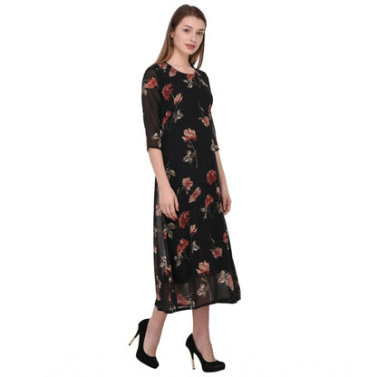 Roneclick Women's Cotton Blend Floral 3-4 Sleeve Dress (Black)