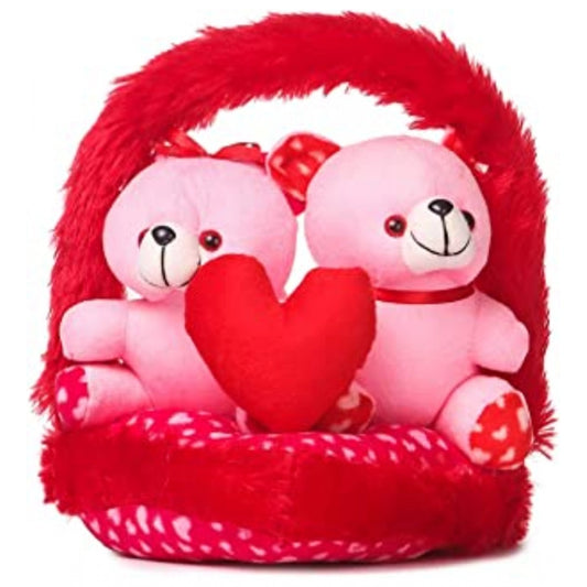 Roneclick Teddy Bear Couple Love in Basket (Red And Pink)