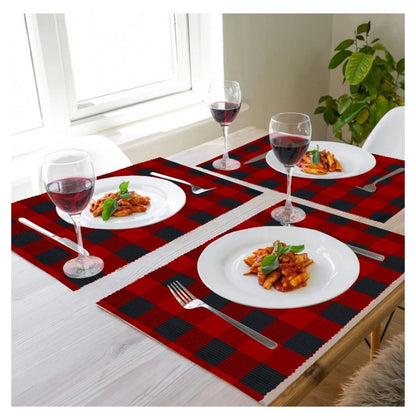 Roneclick Checked Cotton Place Mats Sets (Red &amp; Black)