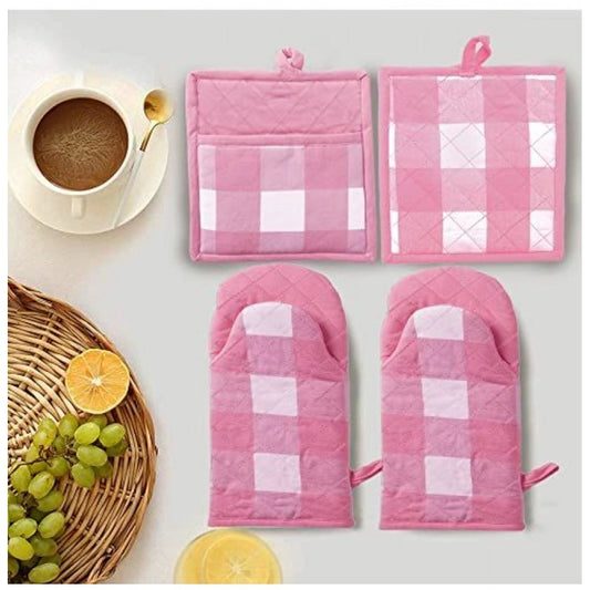 Roneclick Checked Cotton Oven Mitten and Pot Holder Sets (Pink)