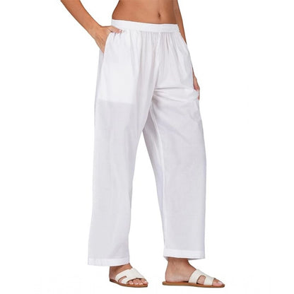 Roneclick Women's Casual Cotton Cambric Solid Elastic Palazzo Trousers (White)