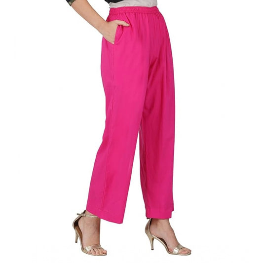 Roneclick Women's Casual Cotton Cambric Solid Elastic Palazzo Trousers (Pink)