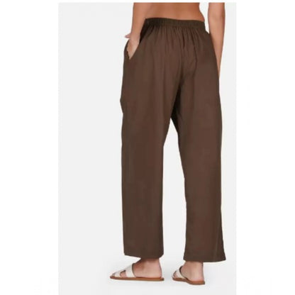 Roneclick Women's Casual Cotton Cambric Solid Elastic Palazzo Trousers (Brown)