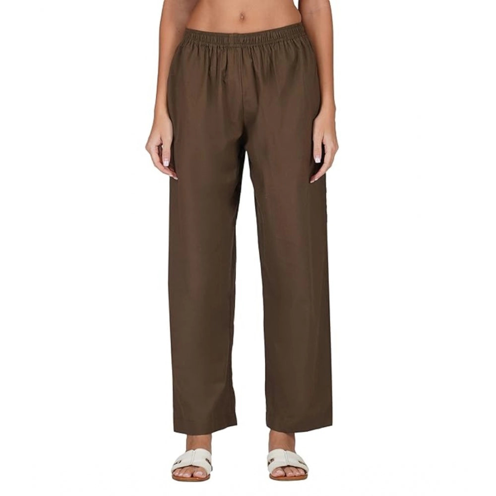 Roneclick Women's Casual Cotton Cambric Solid Elastic Palazzo Trousers (Brown)