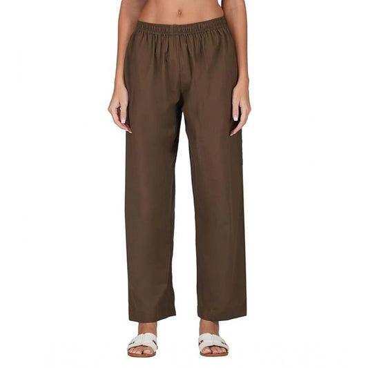 Roneclick Women's Casual Cotton Cambric Solid Elastic Palazzo Trousers (Brown)