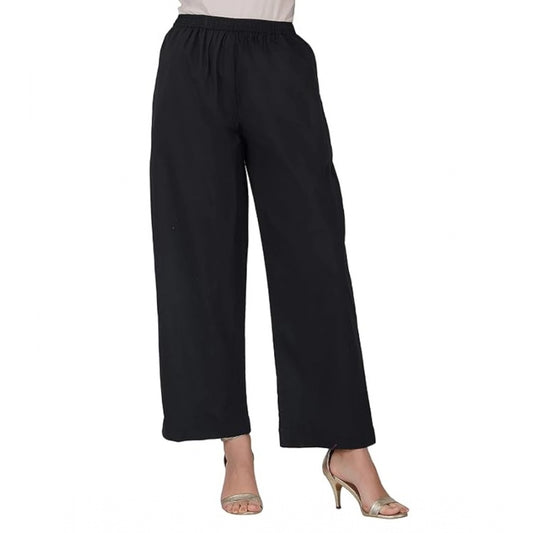 Roneclick Women's Casual Cotton Cambric Solid Elastic Palazzo Trousers (Black)