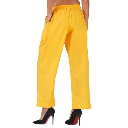 Roneclick Women's Casual Cotton Cambric Solid Elastic Palazzo Trousers (Yellow)