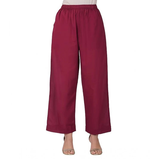 Roneclick Women's Casual Cotton Cambric Solid Elastic Palazzo Trousers (Maroon)