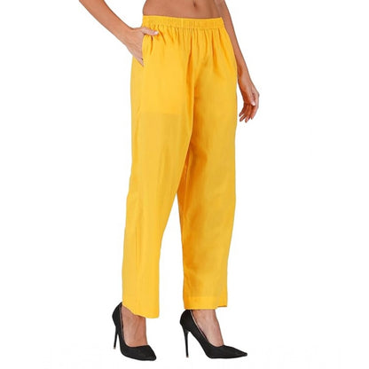 Roneclick Women's Casual Cotton Cambric Solid Elastic Palazzo Trousers (Yellow)