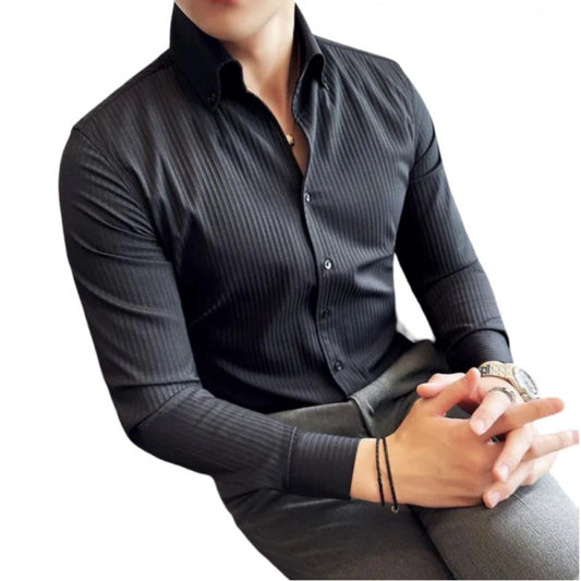 Roneclick Men's Casual Full Sleeve Striped Cotton Blended Shirt (Black)