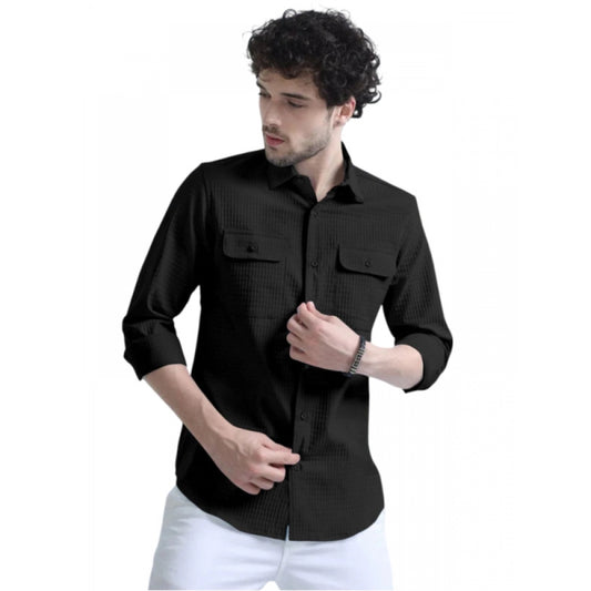 Roneclick Men's Casual Short Sleeve Striped Cotton Blended Shirt (Black)