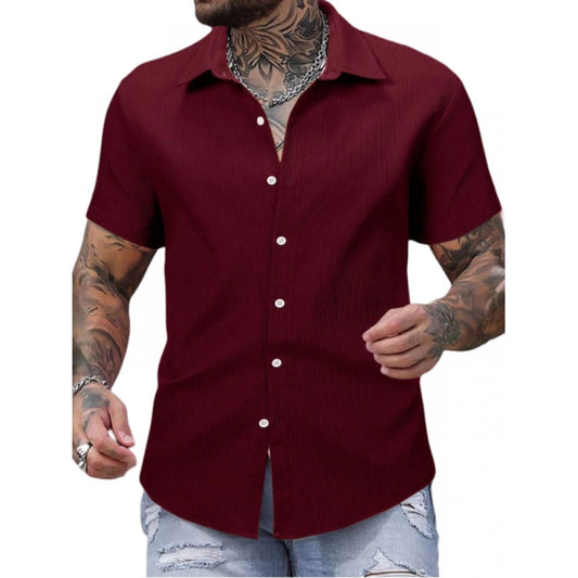 Roneclick Men's Casual Short Sleeve Striped Cotton Blended Shirt (Maroon)