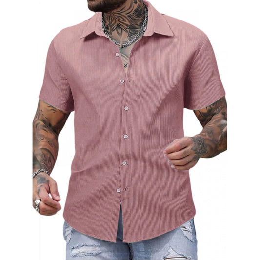 Roneclick Men's Casual Short Sleeve Striped Cotton Blended Shirt (Pink)