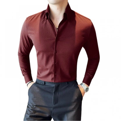 Roneclick Men's Casual Full Sleeve Striped Cotton Blended Shirt (Maroon)