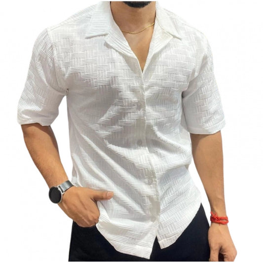 Roneclick Men's Casual Full Sleeve Strip Line Cotton Blended Shirt (White)