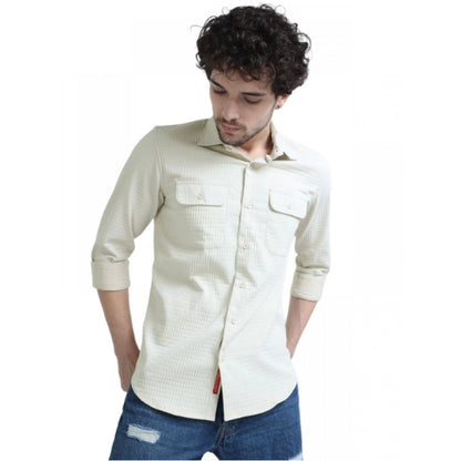 Roneclick Men's Casual Full Sleeve Striped Cotton Blended Shirt (Cream)