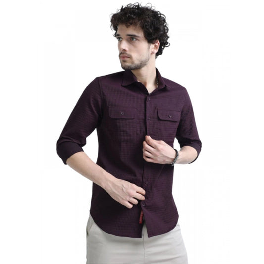 Roneclick Men's Casual Short Sleeve Striped Cotton Blended Shirt (Maroon)