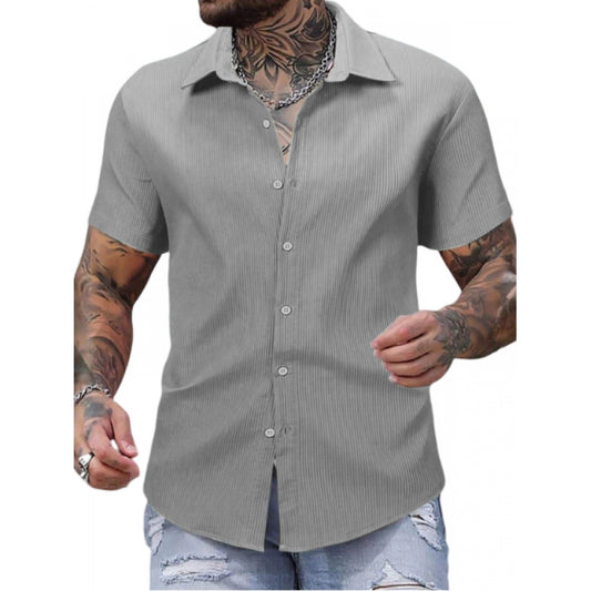 Roneclick Men's Casual Short Sleeve Striped Cotton Blended Shirt (Grey)