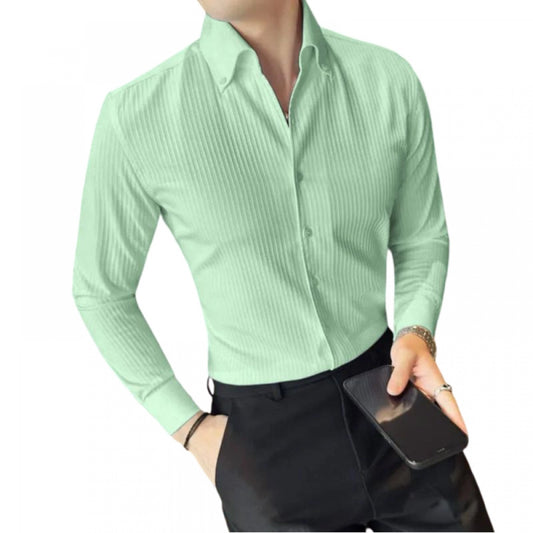 Roneclick Men's Casual Full Sleeve Striped Cotton Blended Shirt (Light Green)