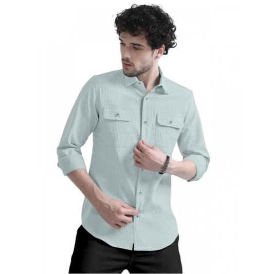 Roneclick Men's Casual Full Sleeve Striped Cotton Blended Shirt (Light Green)