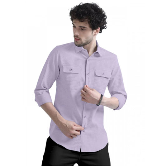 Roneclick Men's Casual Short Sleeve Striped Cotton Blended Shirt (Purple)