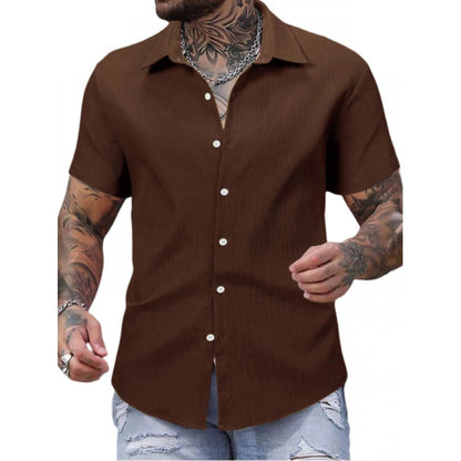 Roneclick Men's Casual Short Sleeve Striped Cotton Blended Shirt (Brown)