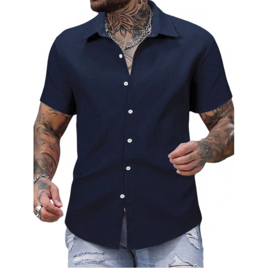 Roneclick Men's Casual Short Sleeve Striped Cotton Blended Shirt (Navy)