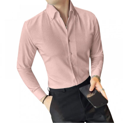 Roneclick Men's Casual Full Sleeve Striped Cotton Blended Shirt (Pink)