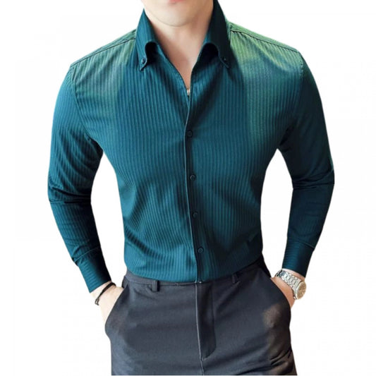 Roneclick Men's Casual Full Sleeve Striped Cotton Blended Shirt (Teal)