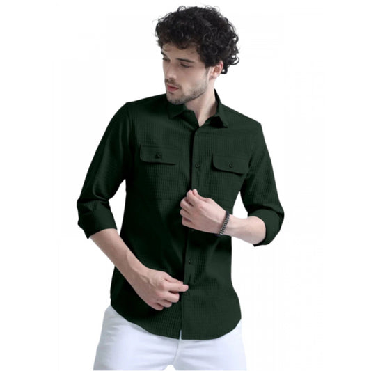 Roneclick Men's Casual Short Sleeve Striped Cotton Blended Shirt (Green)