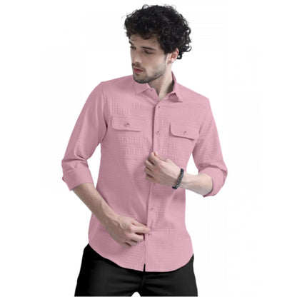 Roneclick Men's Casual Short Sleeve Striped Cotton Blended Shirt (Pink)