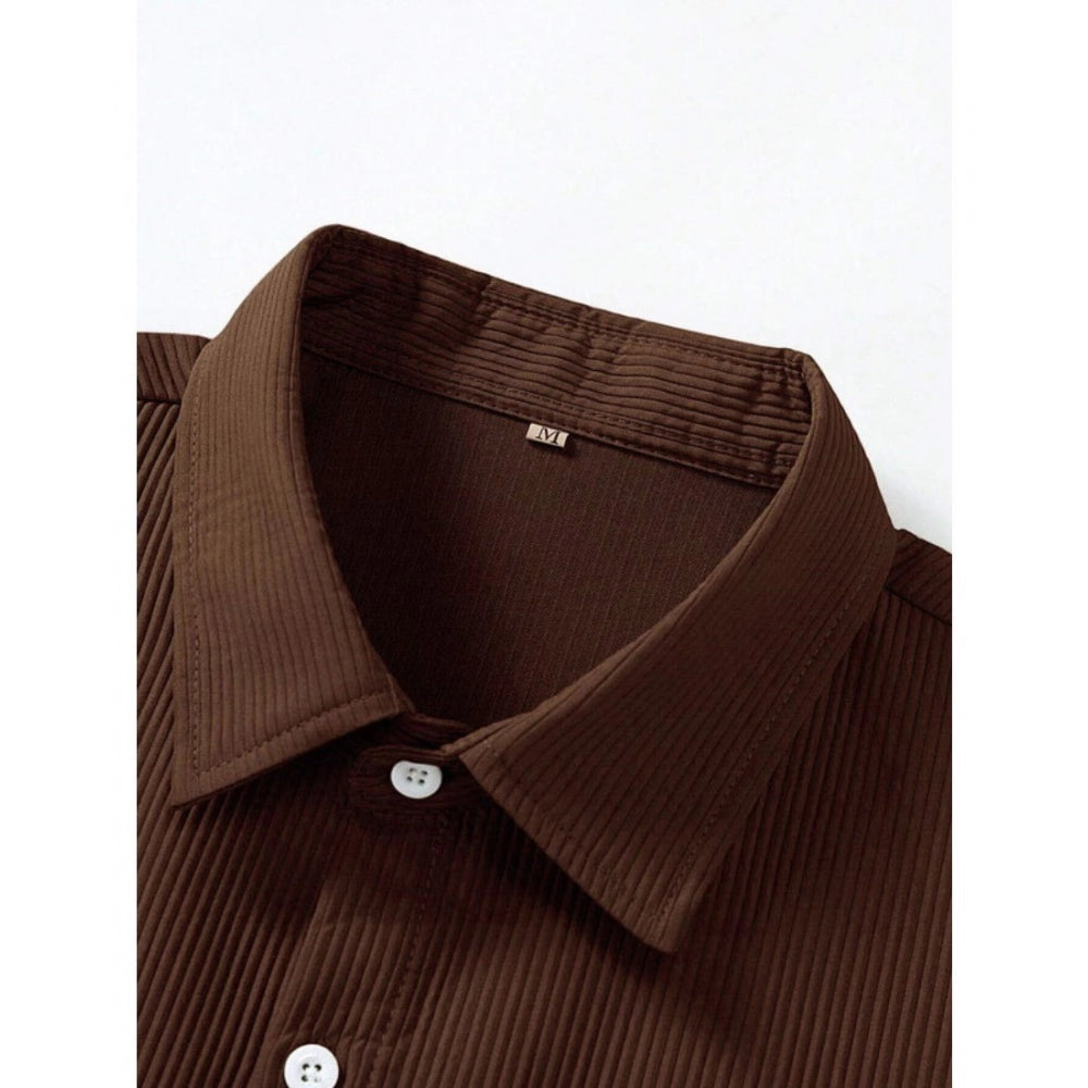 Roneclick Men's Casual Short Sleeve Striped Cotton Blended Shirt (Brown)