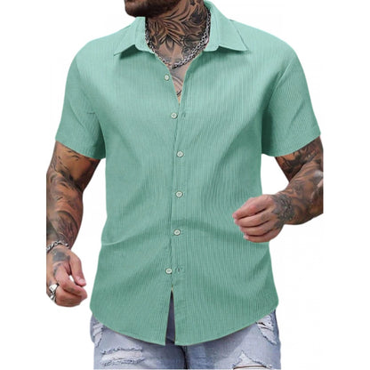 Roneclick Men's Casual Short Sleeve Striped Cotton Blended Shirt (Green)