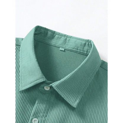 Roneclick Men's Casual Short Sleeve Striped Cotton Blended Shirt (Green)