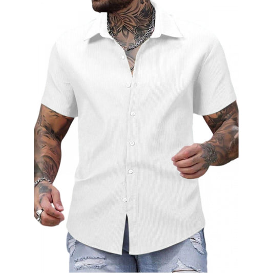 Roneclick Men's Casual Short Sleeve Striped Cotton Blended Shirt (White)