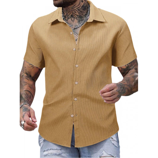 Roneclick Men's Casual Short Sleeve Striped Cotton Blended Shirt (Yellow)