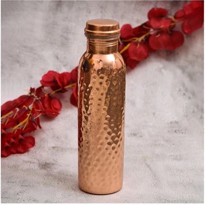 Roneclick Copper 1 Litre Water Bottle With Lacquer Hammered Design (Rose Gold)