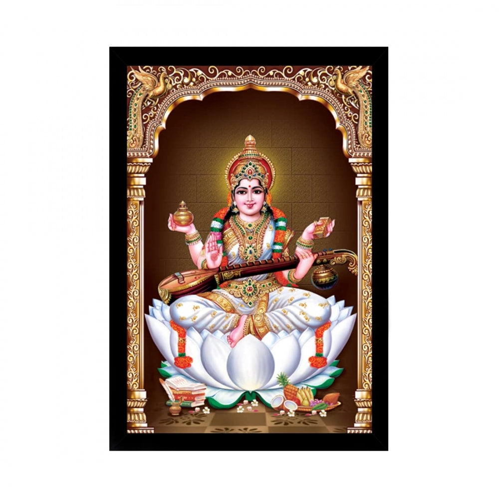 Generic Saraswati Maa Painting with Synthetic Photo Frame (Multicolor)