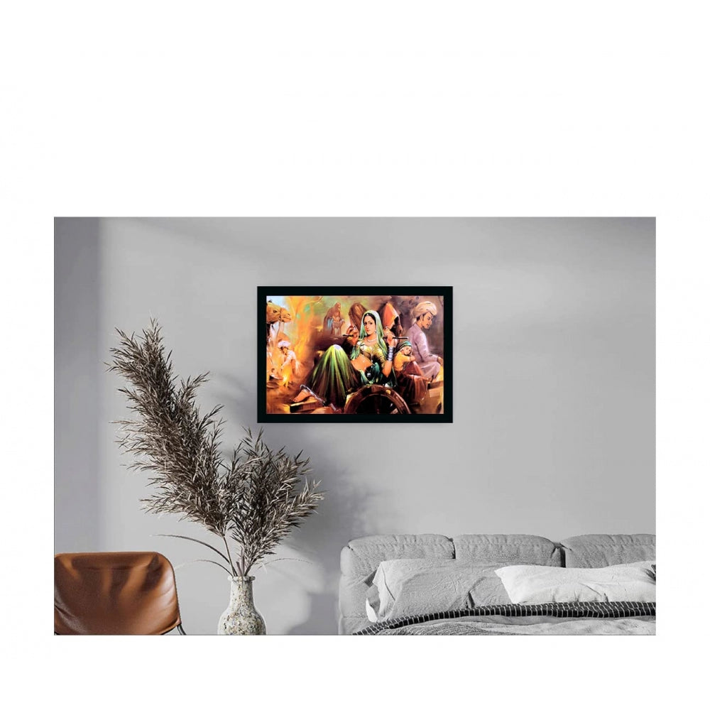 Generic Rajasthani Village Modern Art Painting with Synthetic Photo Frame (Multicolor)