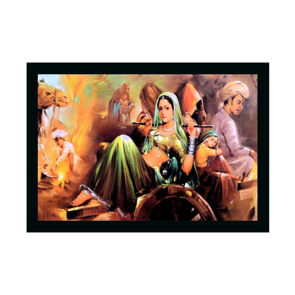 Generic Rajasthani Village Modern Art Painting with Synthetic Photo Frame (Multicolor)