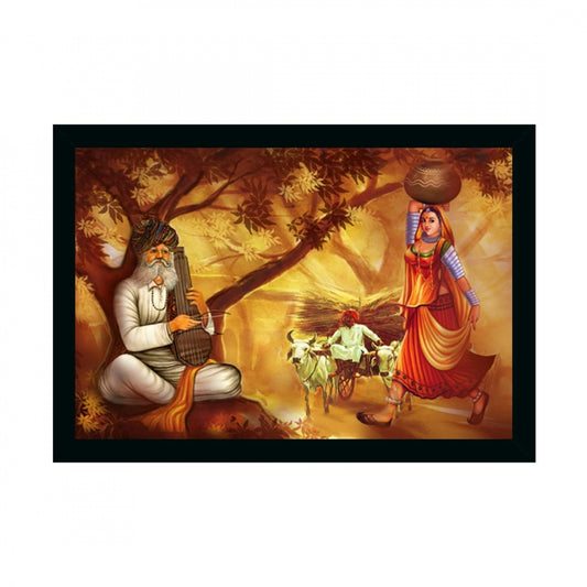 Generic Rajasthani Village Modern Art Painting with Synthetic Photo Frame (Multicolor)