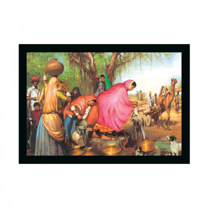 Generic Rajasthani Village Modern Art Painting with Synthetic Photo Frame (Multicolor)