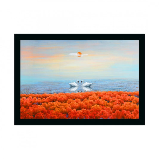 Generic Swan Pair Painting with Synthetic Photo Frame (Multicolor)