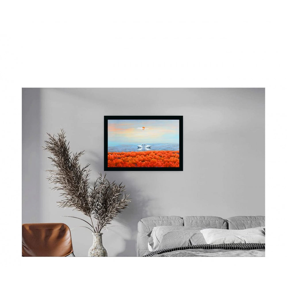 Generic Swan Pair Painting with Synthetic Photo Frame (Multicolor)