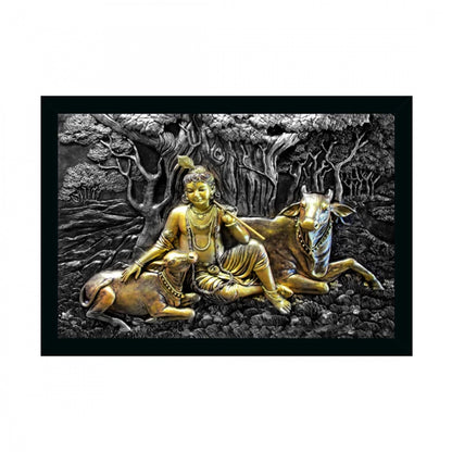 Generic Krishna with Cow Painting with Synthetic Photo Frame (Multicolor)