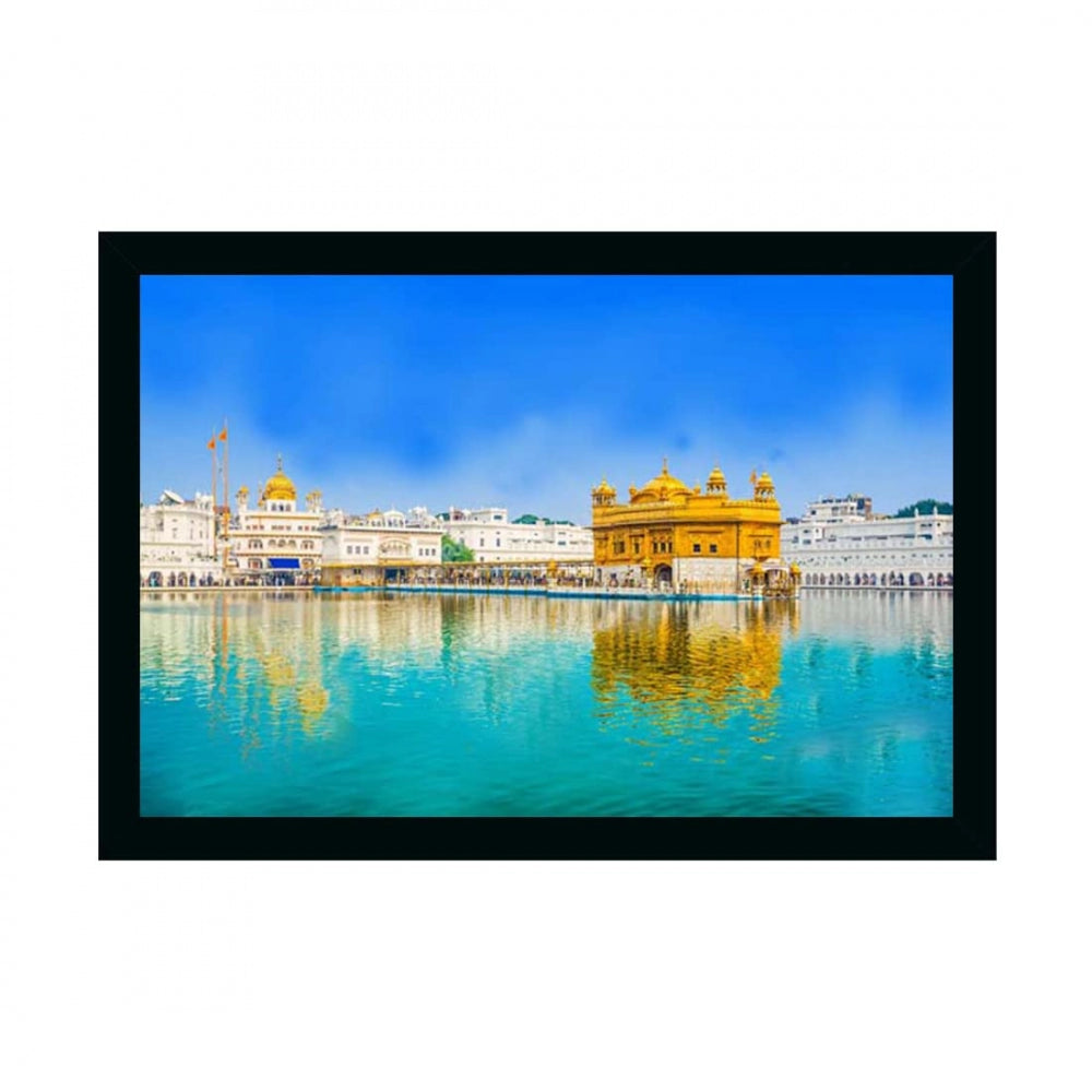 Generic Golden Temple Painting with Synthetic Photo Frame (Multicolor)